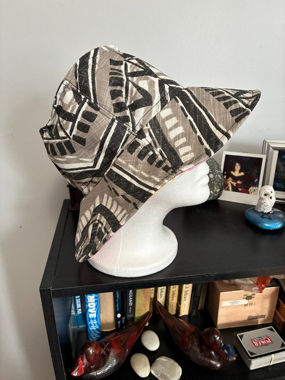 Bucket Hat Medium | Tribal Print with Pink Floral Lining | Handmade